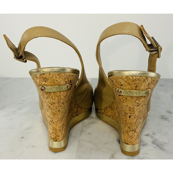 LILLY PULITZER Kristen Slingback Wedge 9M Tan Gold 4.5" Cork Peep Toe Sandal EUC - Picture 7 of 14